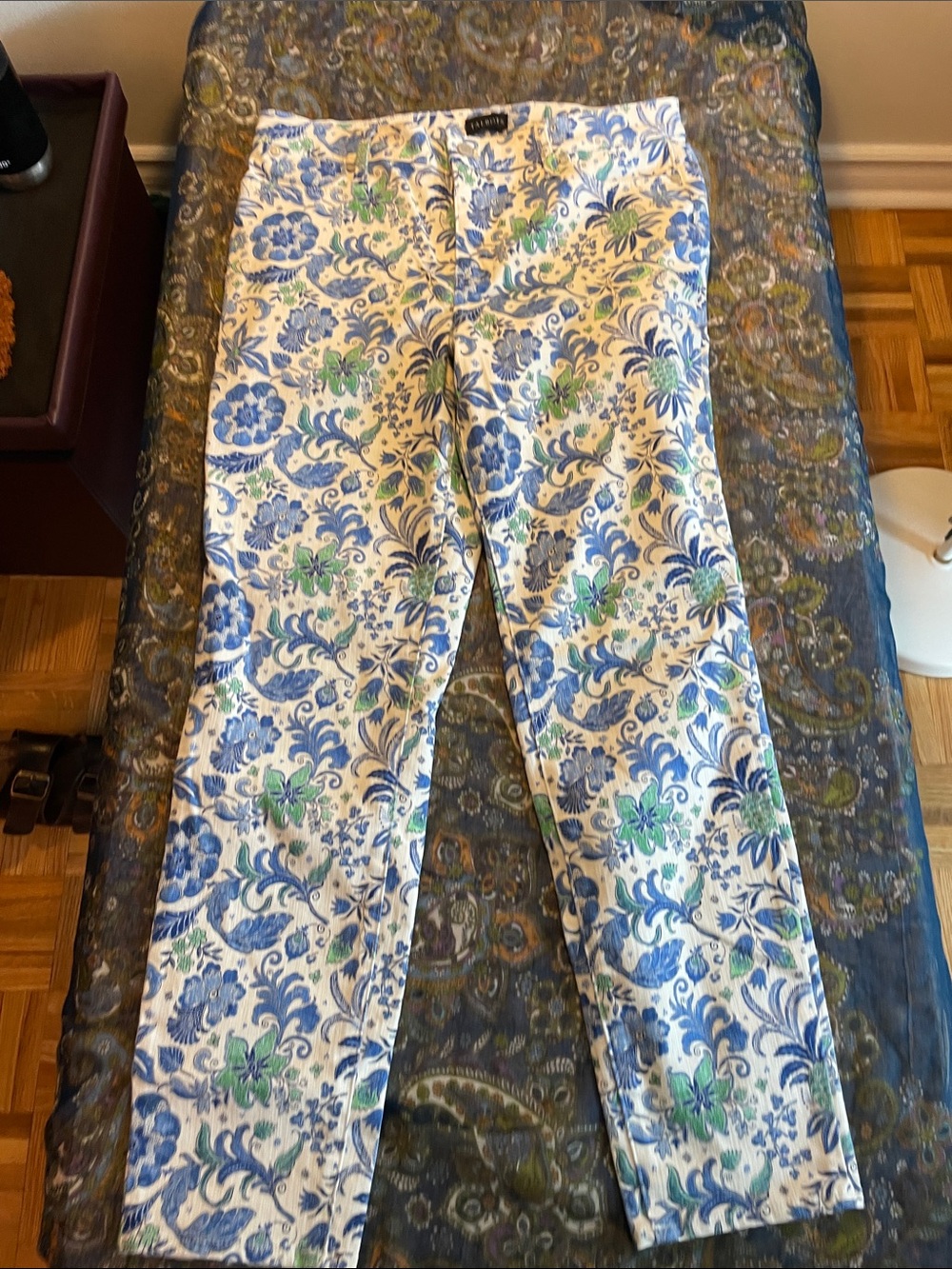 Talbots White Floral Print Chinos with Blue & Green Accents
